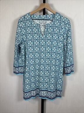 Coolibar St Lucia Tunic Top Womens Medium Blue Mosiac Print UPF 50+ Resort Beach